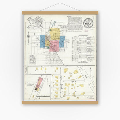 Old map wall art mockup — magnetic wood frame on white wall — Sanborn Fire Insurance Map from Marlin, Falls County, Texas (1916) - Complete Map Set