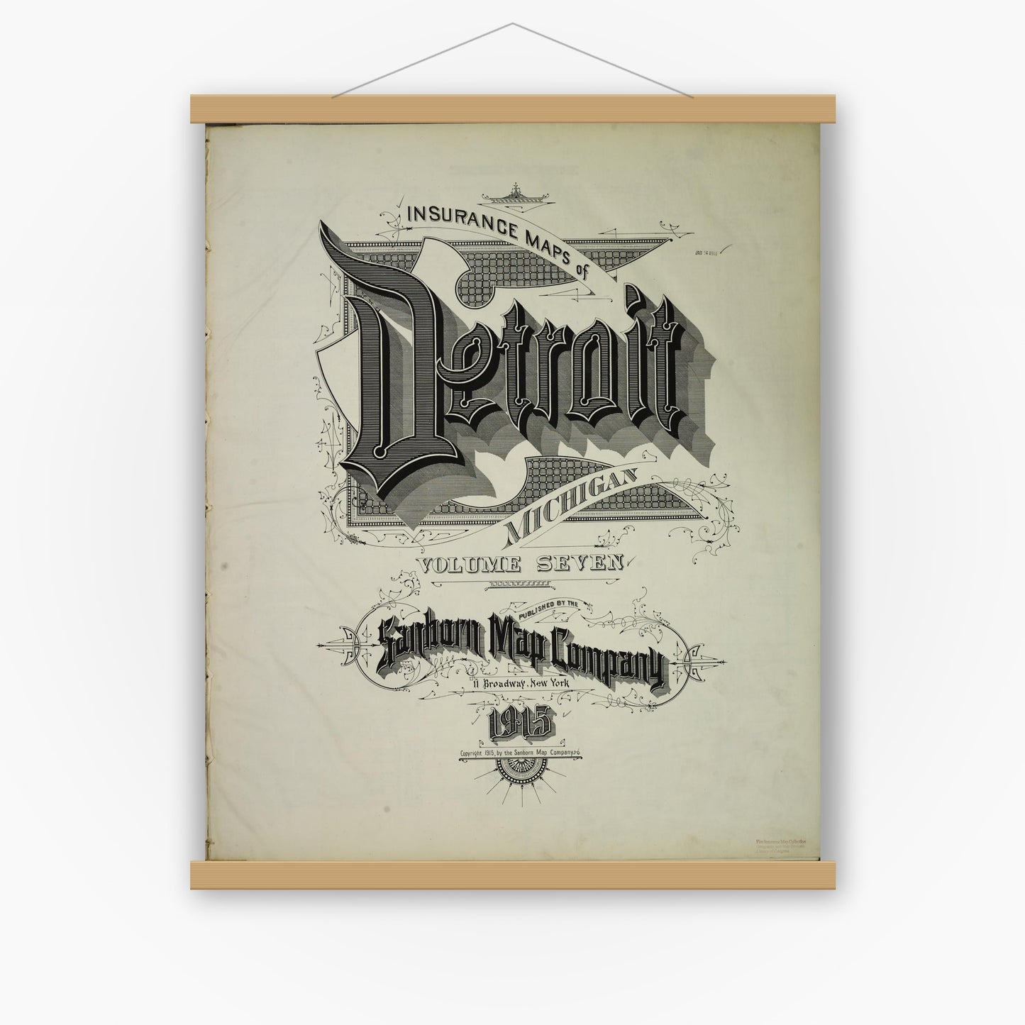 Old map wall art mockup — magnetic wood frame on white wall — Sanborn Fire Insurance Map from Detroit, Wayne County, Michigan (1915), Sheet #0001
