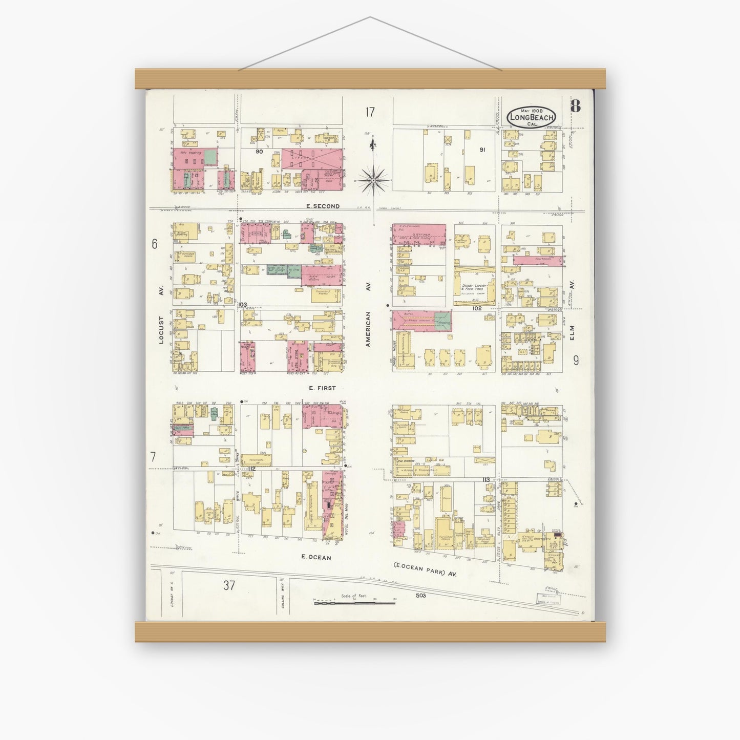 Old map wall art mockup — magnetic wood frame on white wall — Sanborn Fire Insurance Map from Long Beach, Los Angeles County, California (1908), Sheet #0008