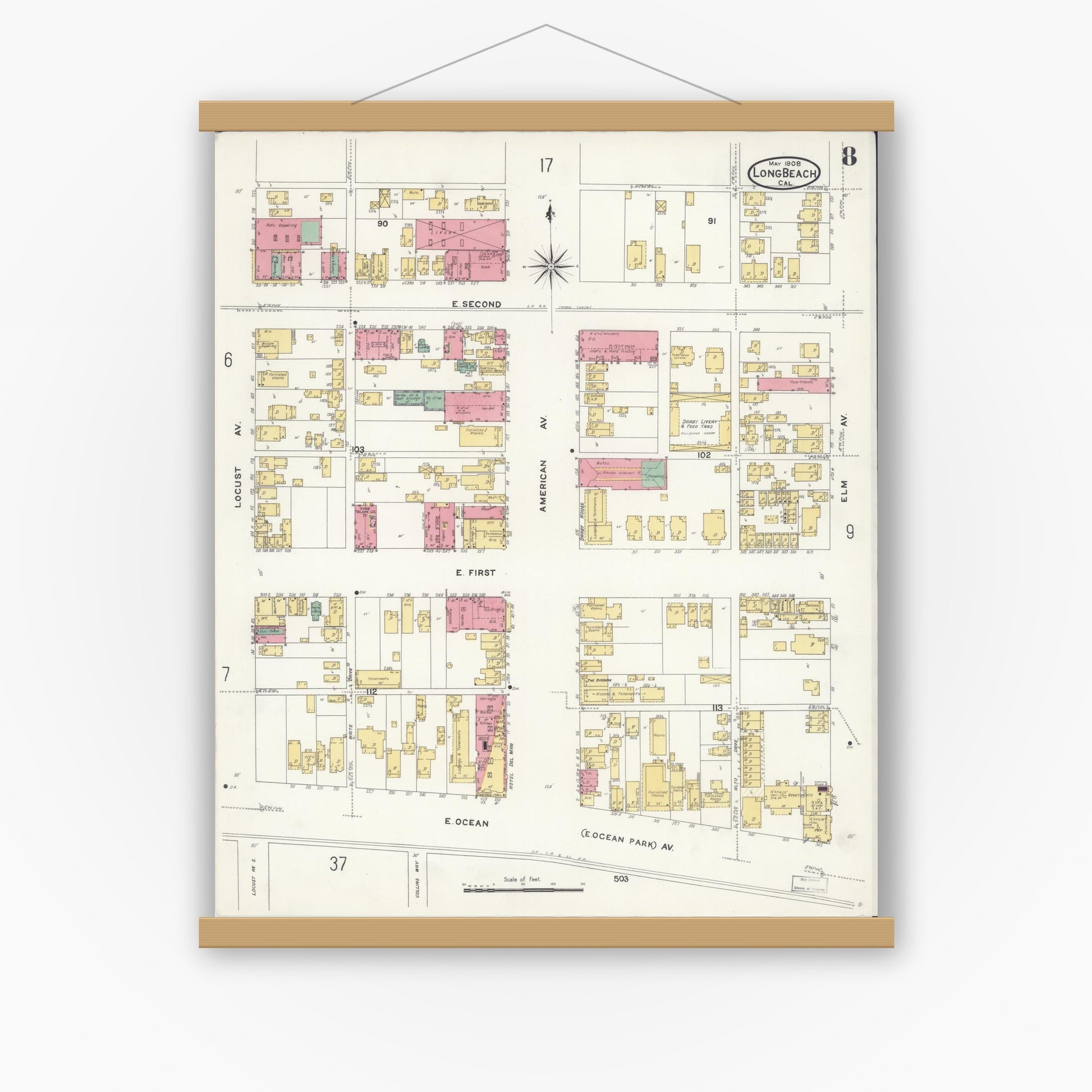 Old map wall art mockup — magnetic wood frame on white wall — Sanborn Fire Insurance Map from Long Beach, Los Angeles County, California (1908), Sheet #0008