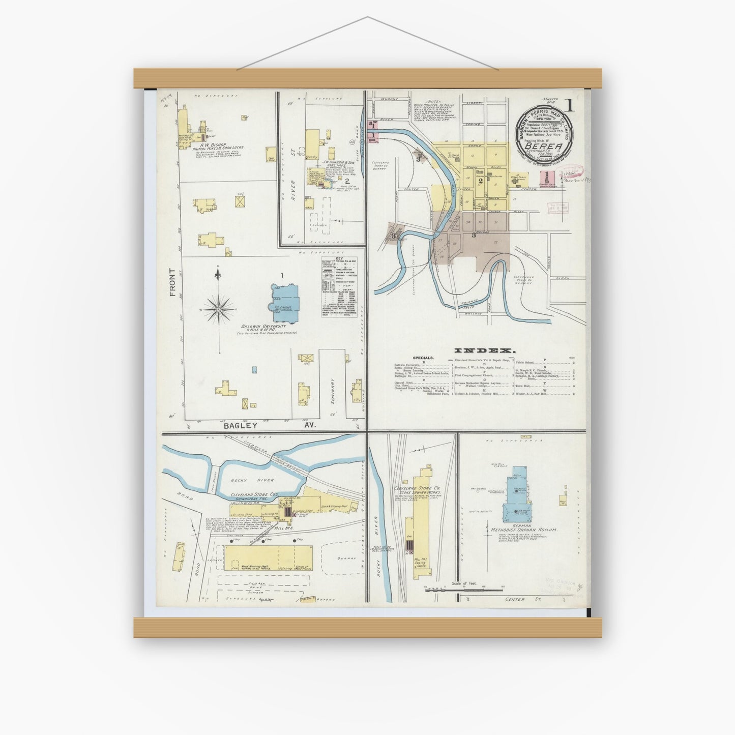 Old map wall art mockup — magnetic wood frame on white wall — Sanborn Fire Insurance Map from Berea, Cuyahoga County, Ohio (1893) - Complete Map Set