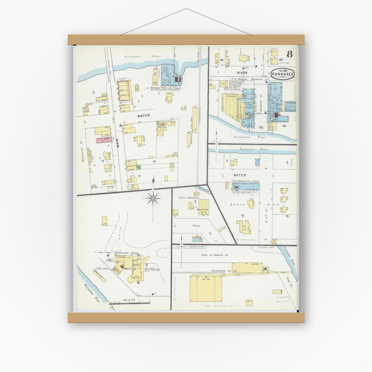 Old map wall art mockup — magnetic wood frame on white wall — Sanborn Fire Insurance Map from Kankakee, Kankakee County, Illinois (1896), Sheet #0008