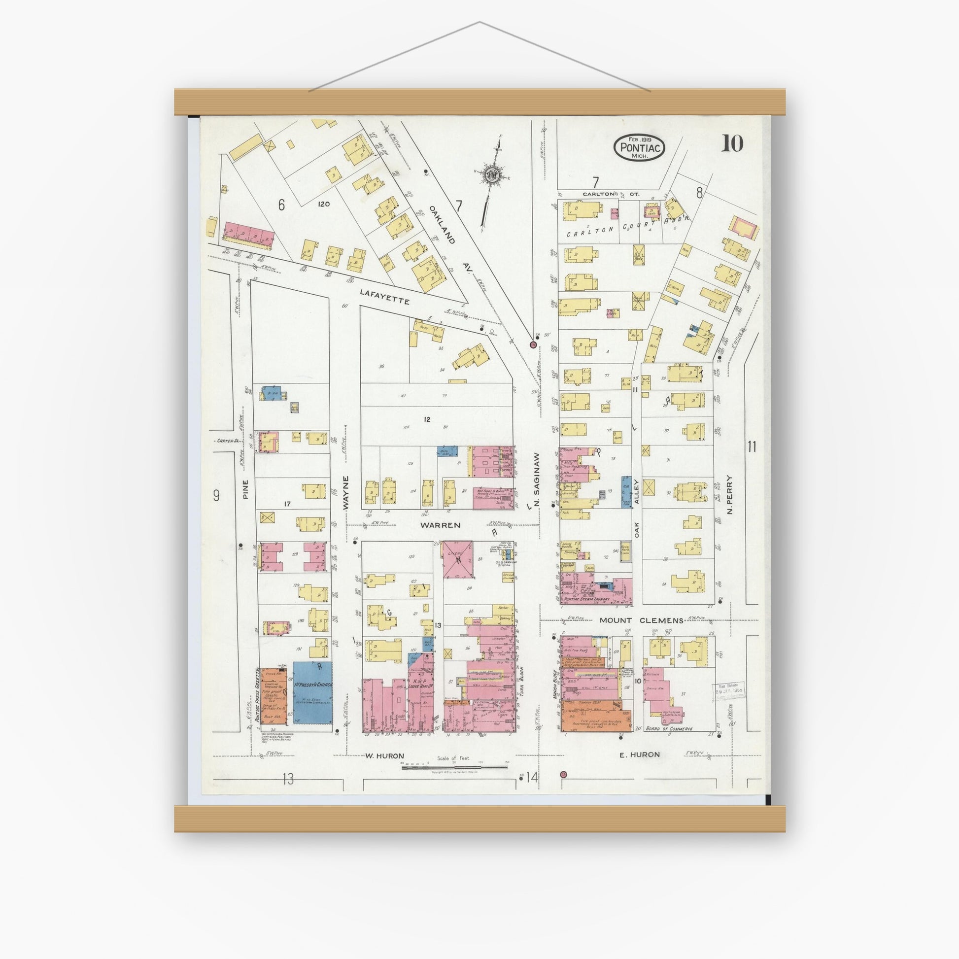 Old map wall art mockup — magnetic wood frame on white wall — Sanborn Fire Insurance Map from Pontiac, Oakland County, Michigan (1919), Sheet #0010