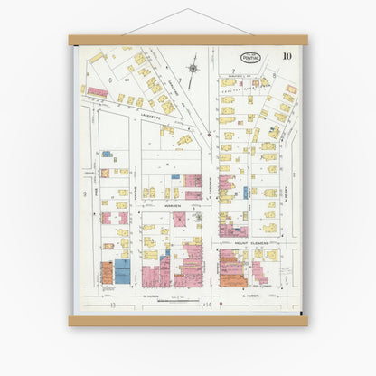 Old map wall art mockup — magnetic wood frame on white wall — Sanborn Fire Insurance Map from Pontiac, Oakland County, Michigan (1919), Sheet #0010