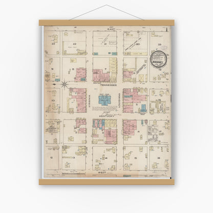 Old map wall art mockup — magnetic wood frame on white wall — Sanborn Fire Insurance Map from McKinney, Collin County, Texas (1885), Sheet #0001