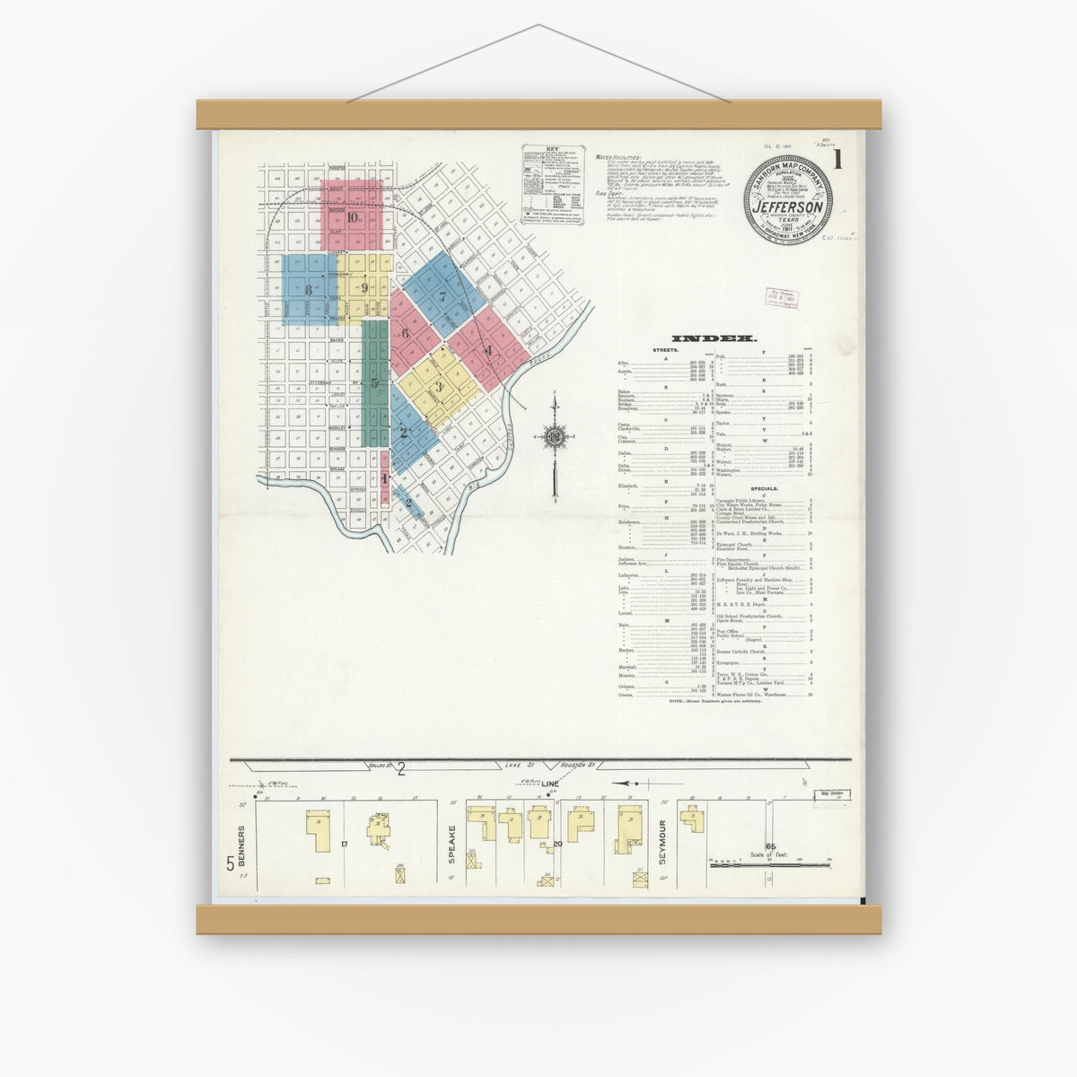 Old map wall art mockup — magnetic wood frame on white wall — Sanborn Fire Insurance Map from Jefferson, Marion County, Texas (1911) - Complete Map Set