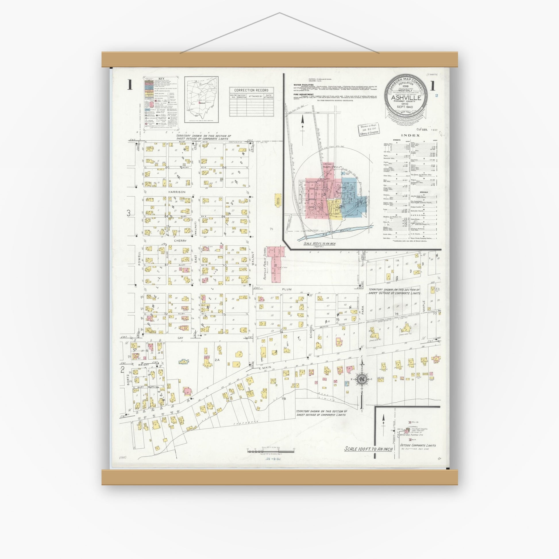 Old map wall art mockup — magnetic wood frame on white wall — Sanborn Fire Insurance Map from Ashville, Pickaway County, Ohio (1940) - Complete Map Set