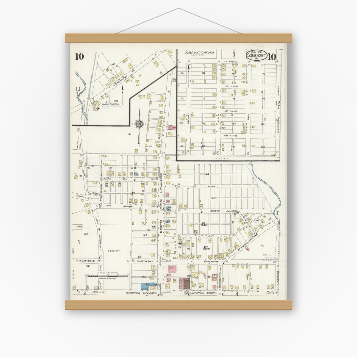 Old map wall art mockup — magnetic wood frame on white wall — Sanborn Fire Insurance Map from Somerset, Somerset County, Pennsylvania (1924), Sheet #0010