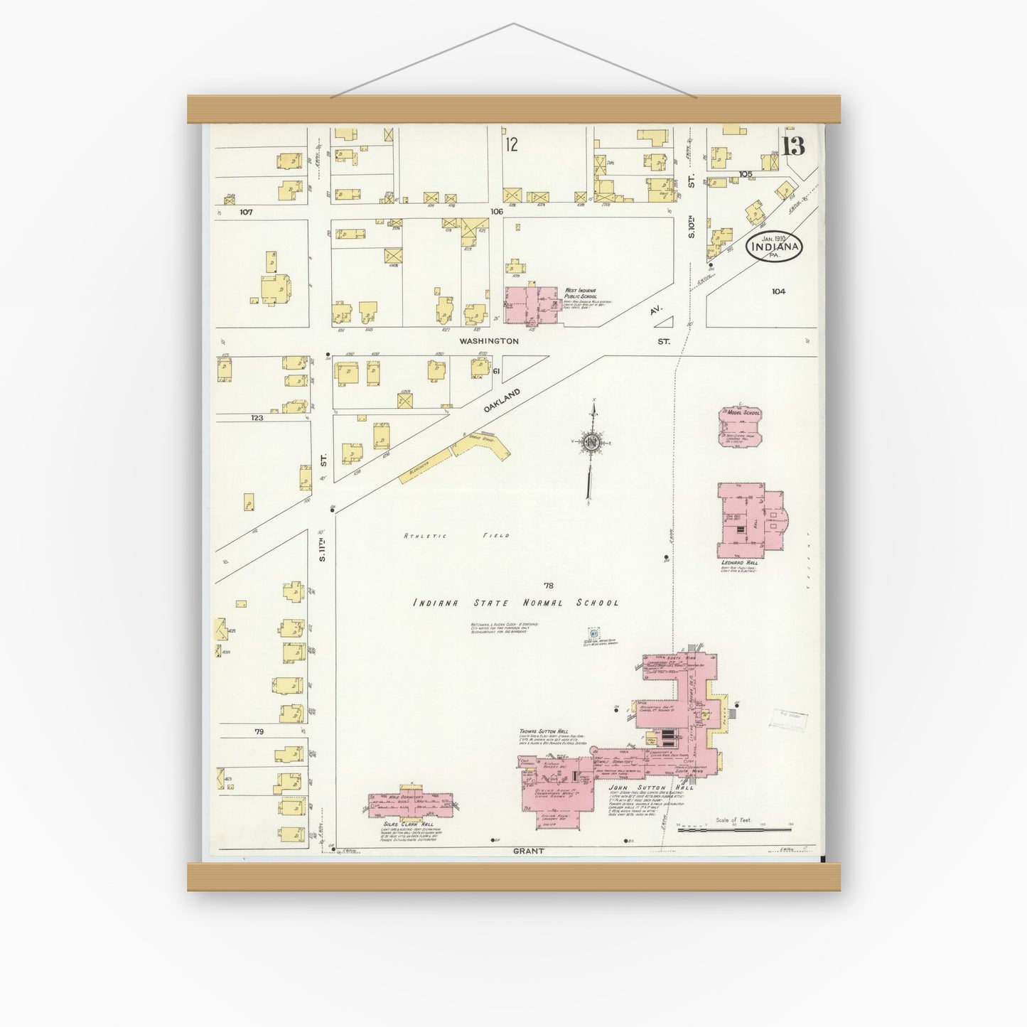 Old map wall art mockup — magnetic wood frame on white wall — Sanborn Fire Insurance Map from Indiana, Indiana County, Pennsylvania (1910), Sheet #0013