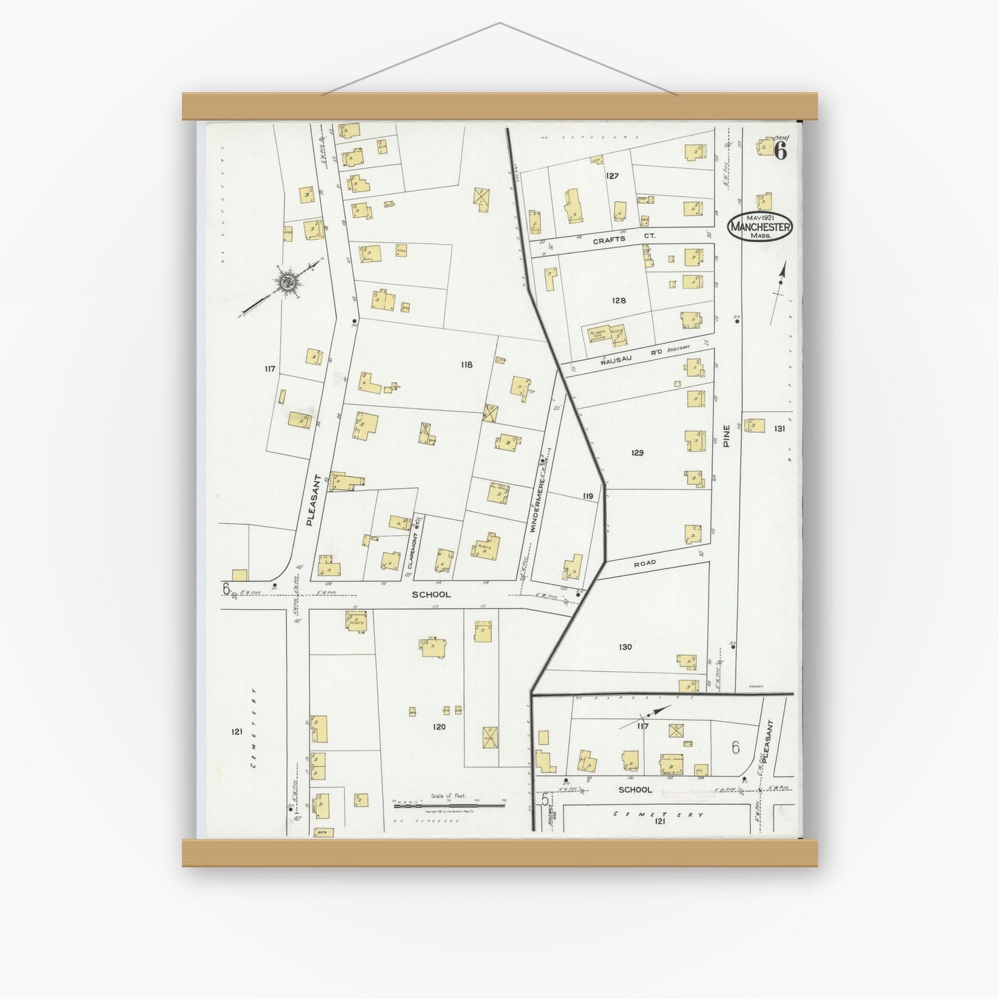 Old map wall art mockup — magnetic wood frame on white wall — Sanborn Fire Insurance Map from Manchester, Essex County, Massachusetts (1921), Sheet #0006