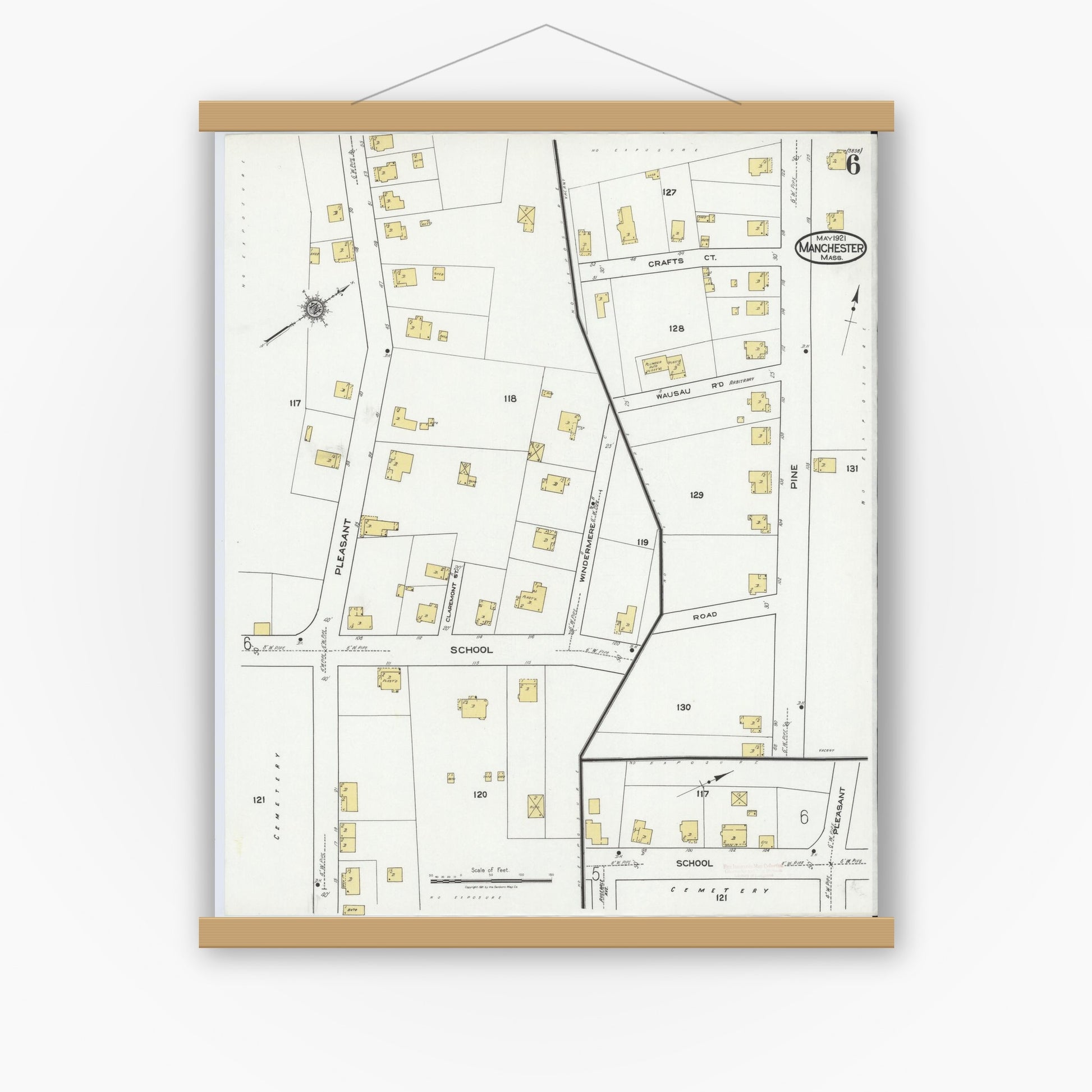 Old map wall art mockup — magnetic wood frame on white wall — Sanborn Fire Insurance Map from Manchester, Essex County, Massachusetts (1921), Sheet #0006