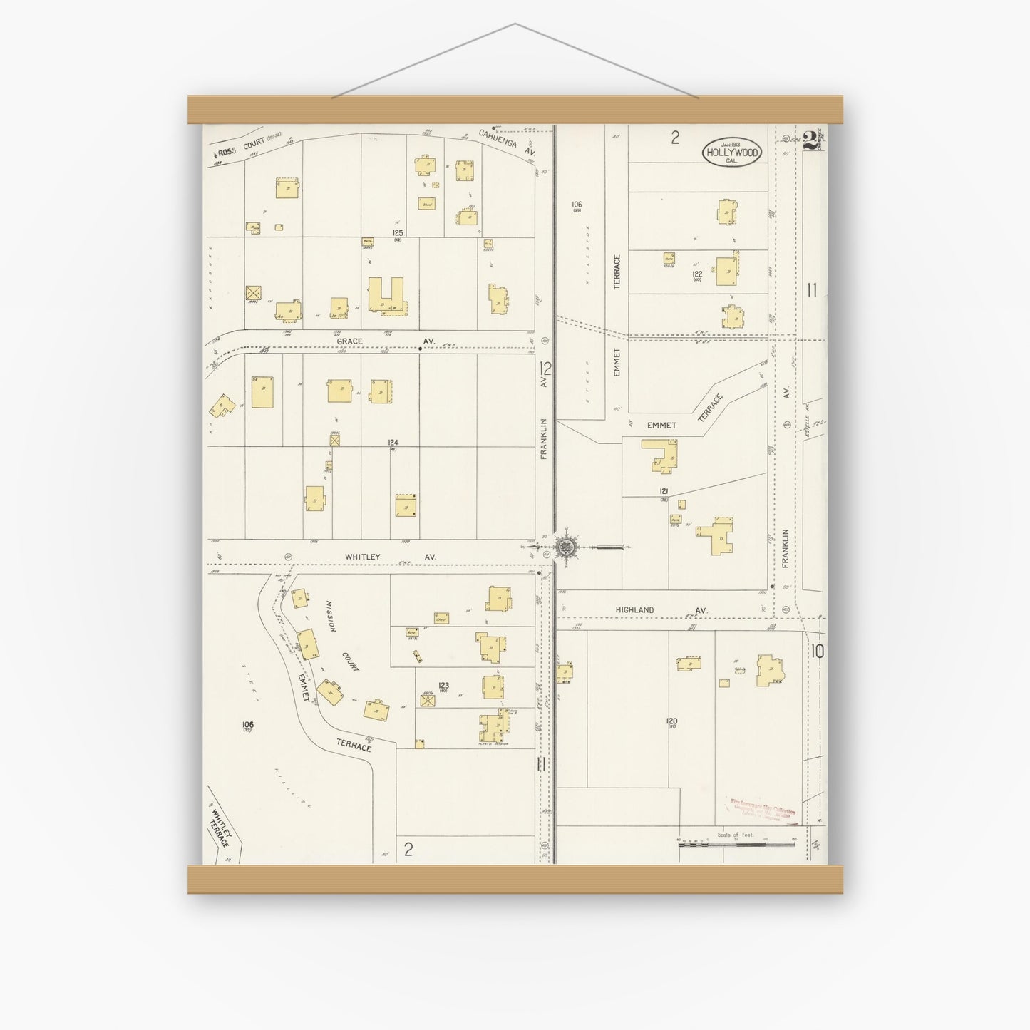 Old map wall art mockup — magnetic wood frame on white wall — Sanborn Fire Insurance Map from Hollywood, Los Angeles County, California (1913), Sheet #0002