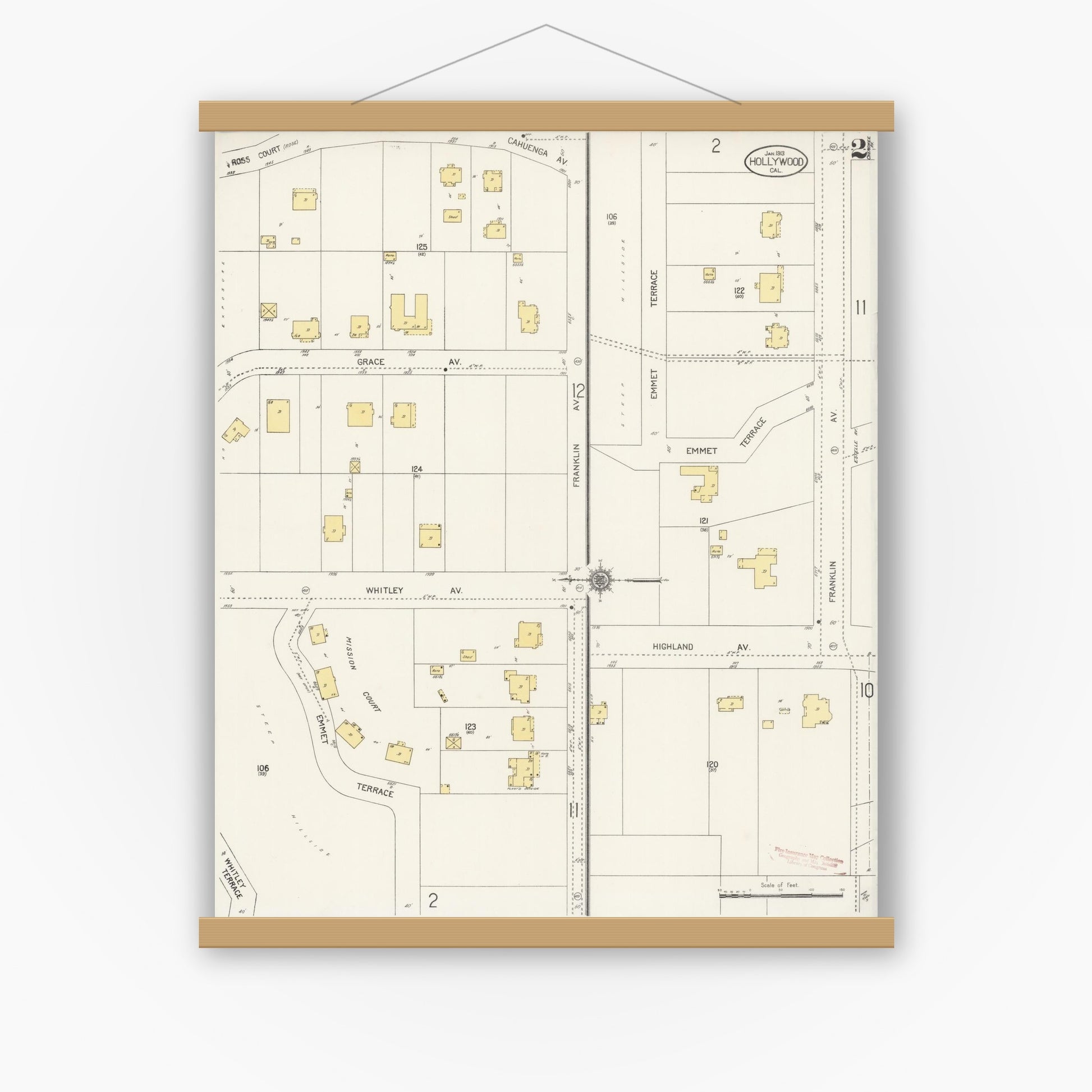 Old map wall art mockup — magnetic wood frame on white wall — Sanborn Fire Insurance Map from Hollywood, Los Angeles County, California (1913), Sheet #0002