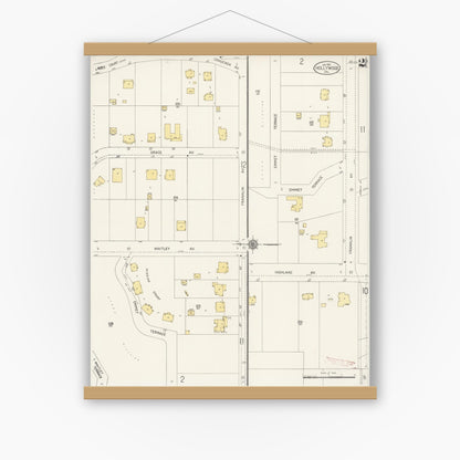Old map wall art mockup — magnetic wood frame on white wall — Sanborn Fire Insurance Map from Hollywood, Los Angeles County, California (1913), Sheet #0002