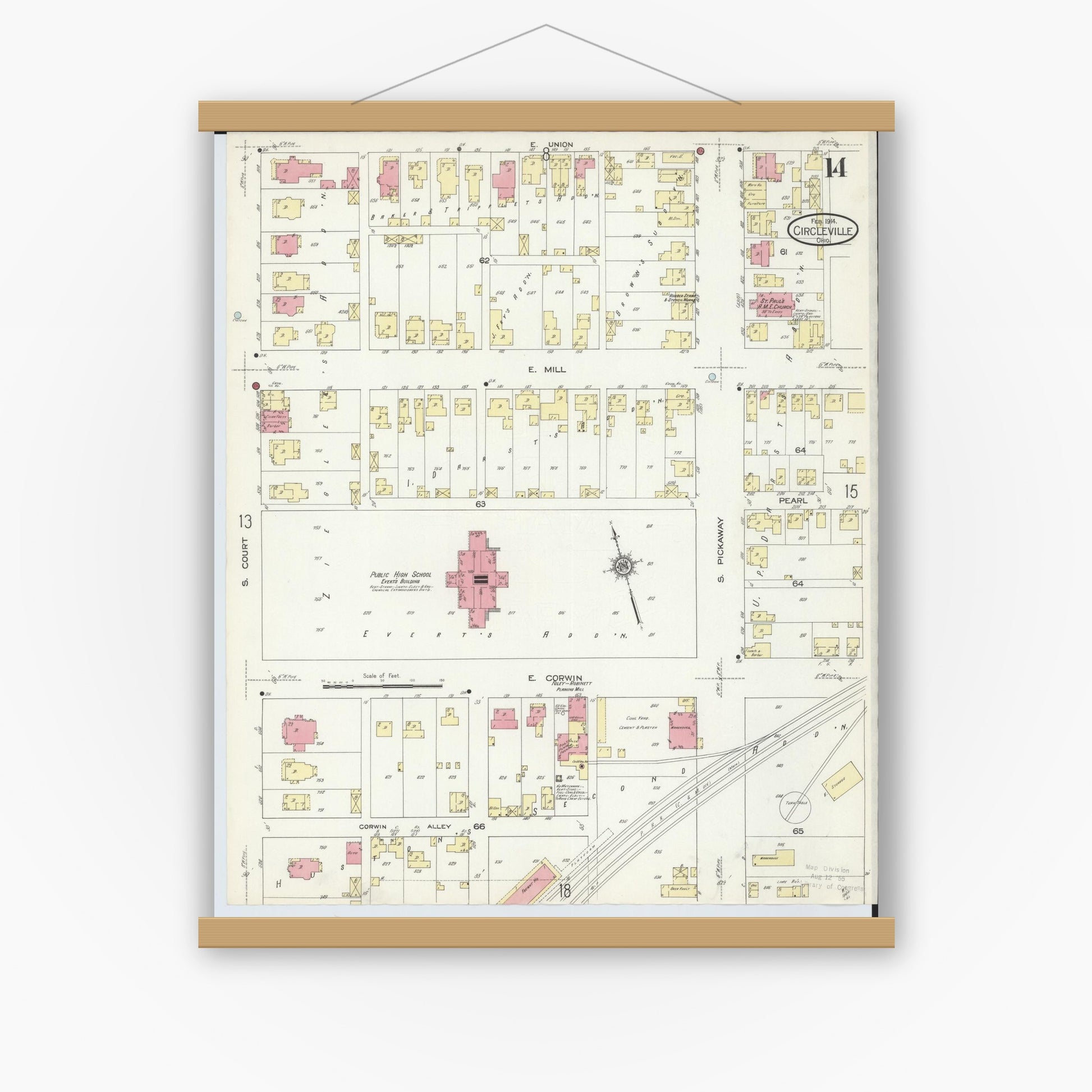 Old map wall art mockup — magnetic wood frame on white wall — Sanborn Fire Insurance Map from Circleville, Pickaway County, Ohio (1914), Sheet #0014