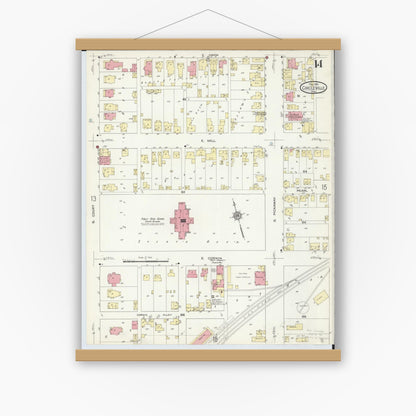 Old map wall art mockup — magnetic wood frame on white wall — Sanborn Fire Insurance Map from Circleville, Pickaway County, Ohio (1914), Sheet #0014