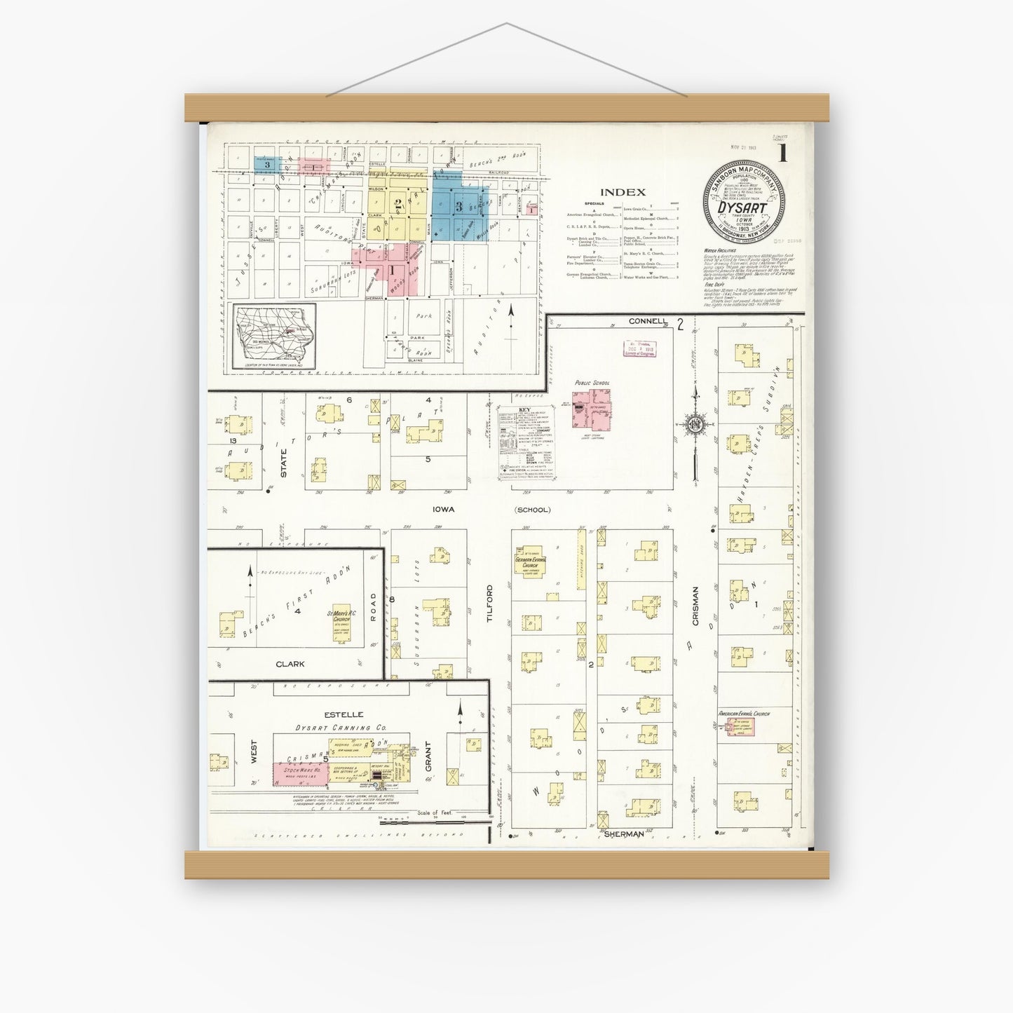 Old map wall art mockup — magnetic wood frame on white wall — Sanborn Fire Insurance Map from Dysart, Tama County, Iowa (1913) â€” Complete Set