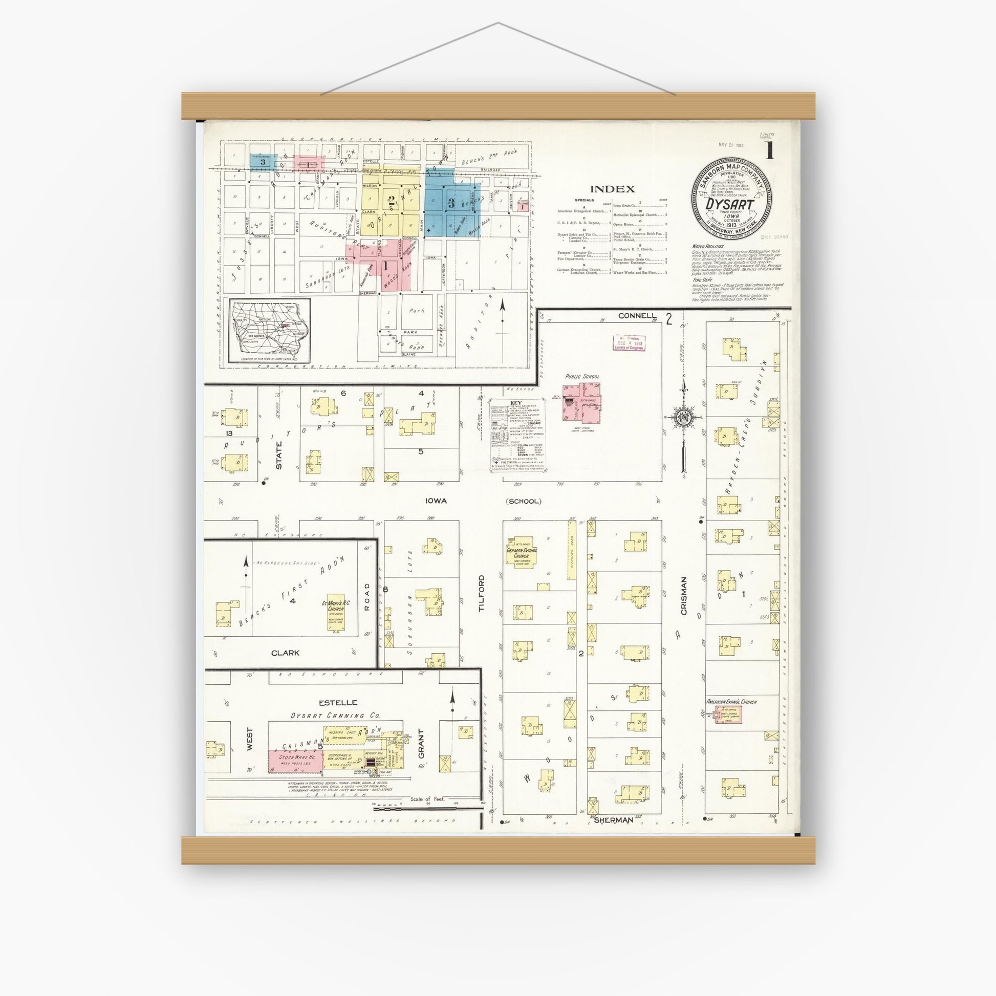 Old map wall art mockup — magnetic wood frame on white wall — Sanborn Fire Insurance Map from Dysart, Tama County, Iowa (1913) â€” Complete Set