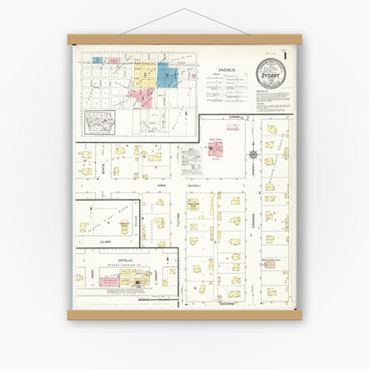 Old map wall art mockup — magnetic wood frame on white wall — Sanborn Fire Insurance Map from Dysart, Tama County, Iowa (1913) â€” Complete Set