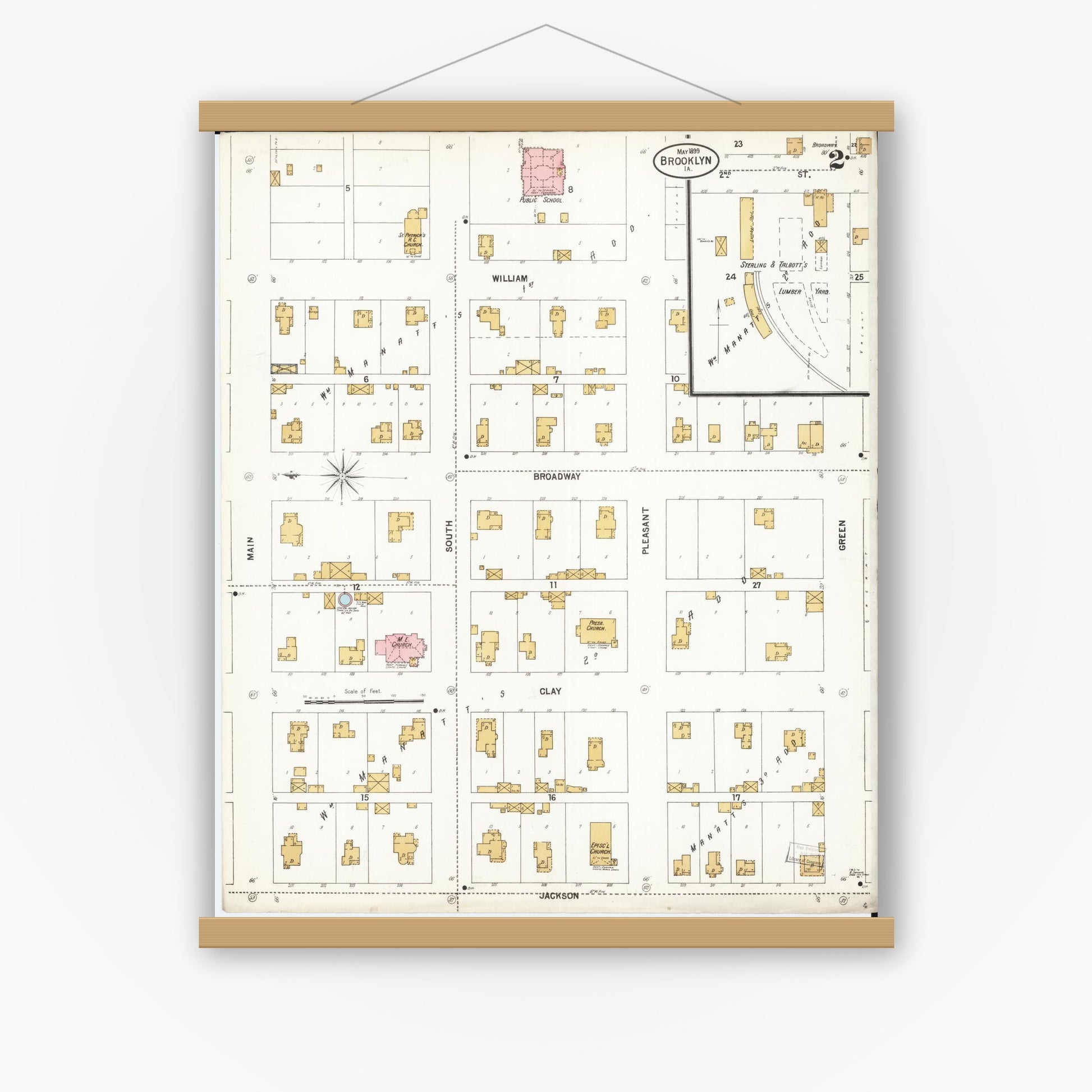 Old map wall art mockup — magnetic wood frame on white wall — Sanborn Fire Insurance Map from Brooklyn, Poweshiek County, Iowa (1899), Sheet #0002