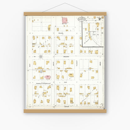 Old map wall art mockup — magnetic wood frame on white wall — Sanborn Fire Insurance Map from Brooklyn, Poweshiek County, Iowa (1899), Sheet #0002