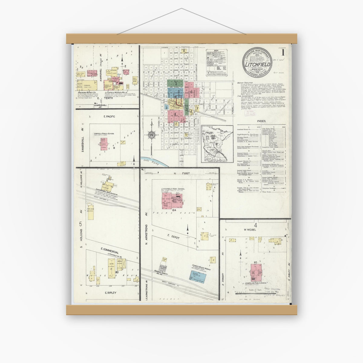 Old map wall art mockup — magnetic wood frame on white wall — Sanborn Fire Insurance Map from Litchfield, Meeker County, Minnesota (1913), Sheet #0001