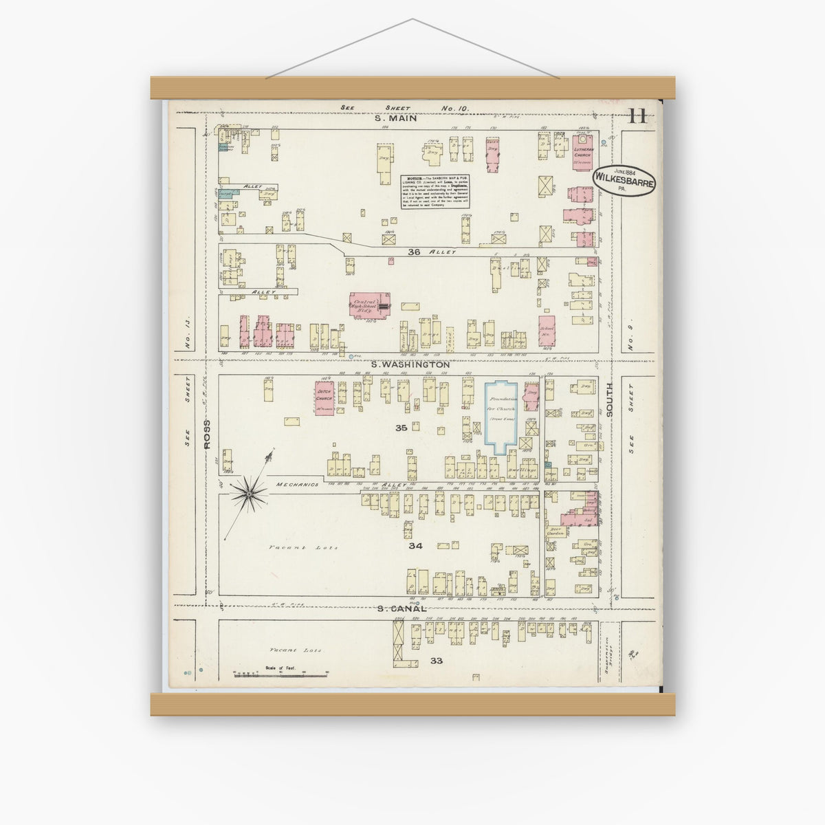 Old map wall art mockup — magnetic wood frame on white wall — Sanborn Fire Insurance Map from Wilkes Barre, Luzerne County, Pennsylvania (1884), Sheet #0011