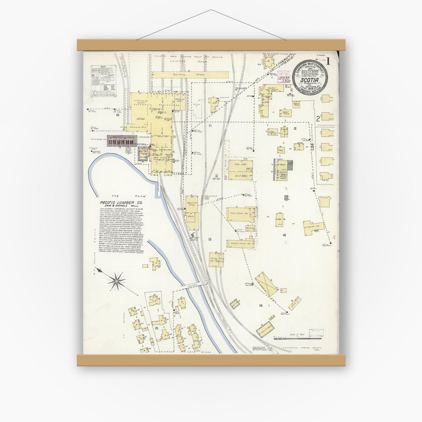 Old map wall art mockup — magnetic wood frame on white wall — Sanborn Fire Insurance Map from Scotia, Humboldt County, California (1908) - Complete Map Set