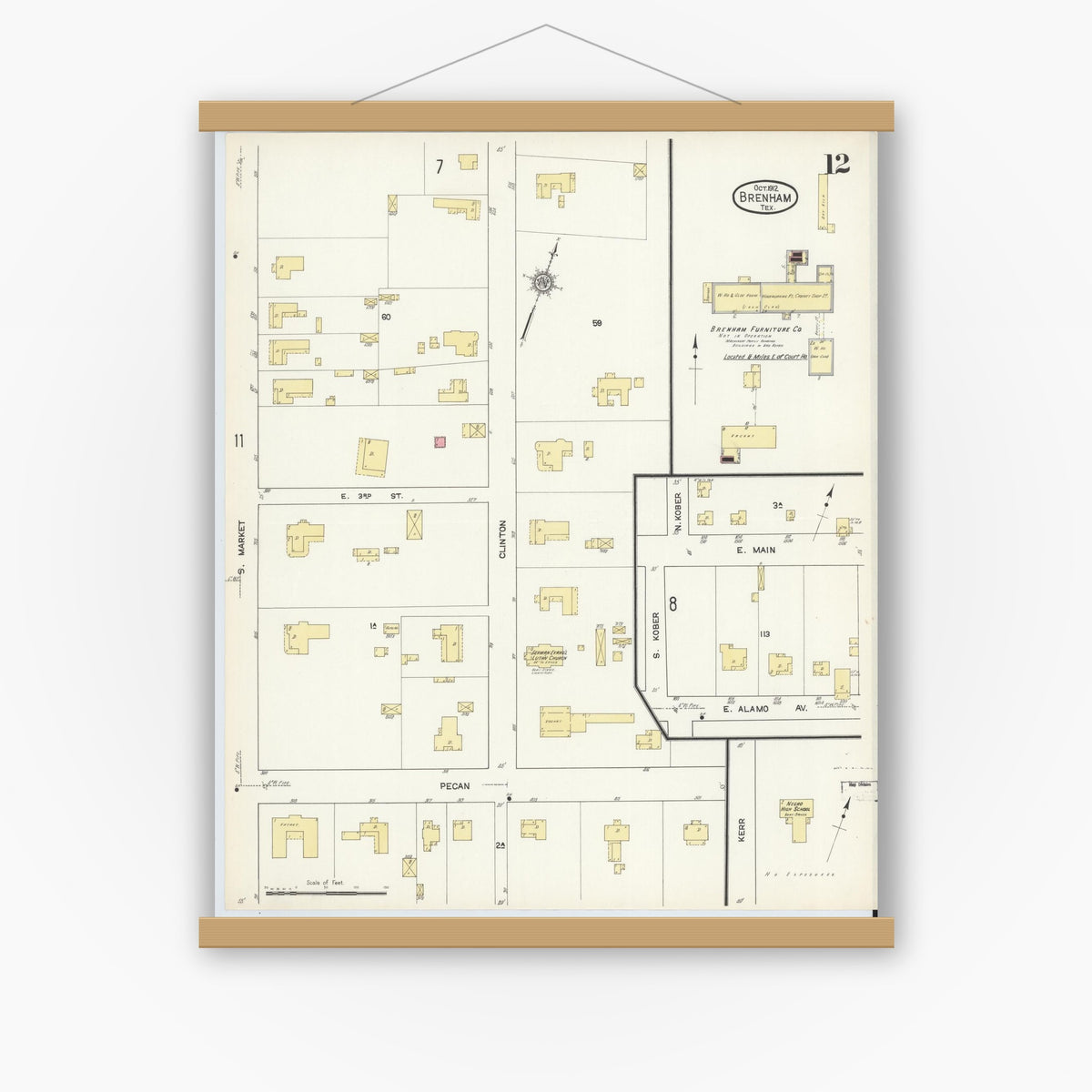 Old map wall art mockup — magnetic wood frame on white wall — Sanborn Fire Insurance Map from Brenham, Washington County, Texas (1912), Sheet #0012