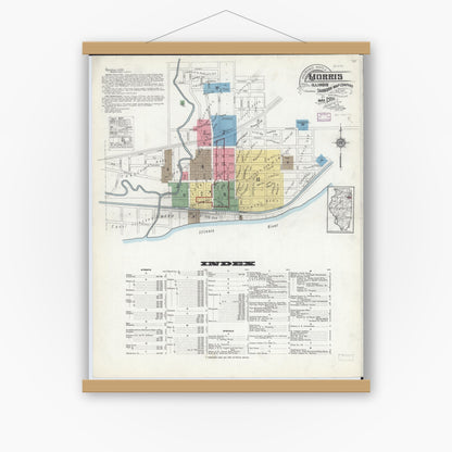 Old map wall art mockup — magnetic wood frame on white wall — Sanborn Fire Insurance Map from Morris, Grundy County, Illinois (1916), Sheet #0001