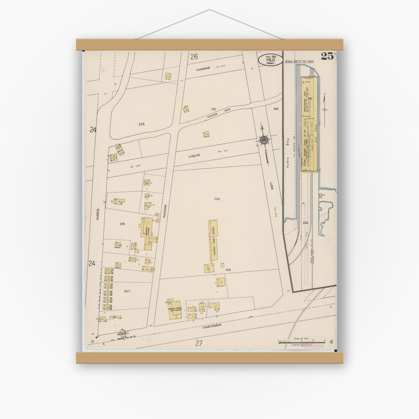 Old map wall art mockup — magnetic wood frame on white wall — Sanborn Fire Insurance Map from Hilo, Hawaii County, Hawaii (1921), Sheet #0025