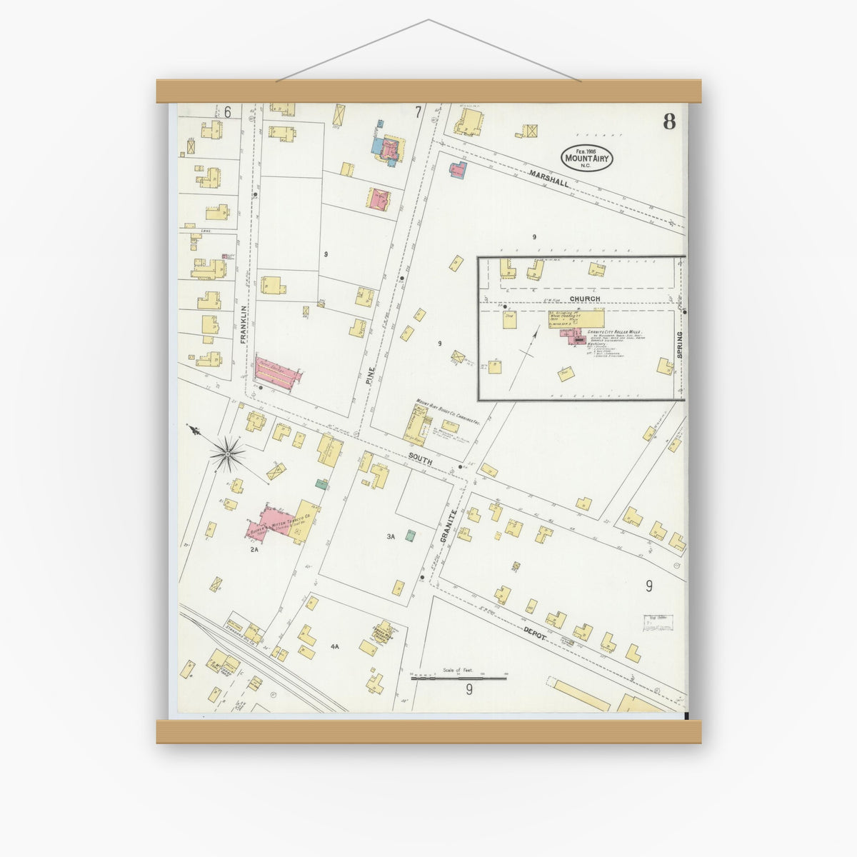 Old map wall art mockup — magnetic wood frame on white wall — Sanborn Fire Insurance Map from Mount Airy, Surry County, North Carolina (1905), Sheet #0008