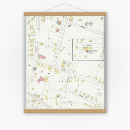 Old map wall art mockup — magnetic wood frame on white wall — Sanborn Fire Insurance Map from Mount Airy, Surry County, North Carolina (1905), Sheet #0008