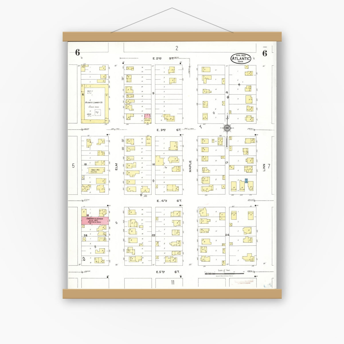 Old map wall art mockup — magnetic wood frame on white wall — Sanborn Fire Insurance Map from Atlantic, Cass County, Iowa (1923), Sheet #0006