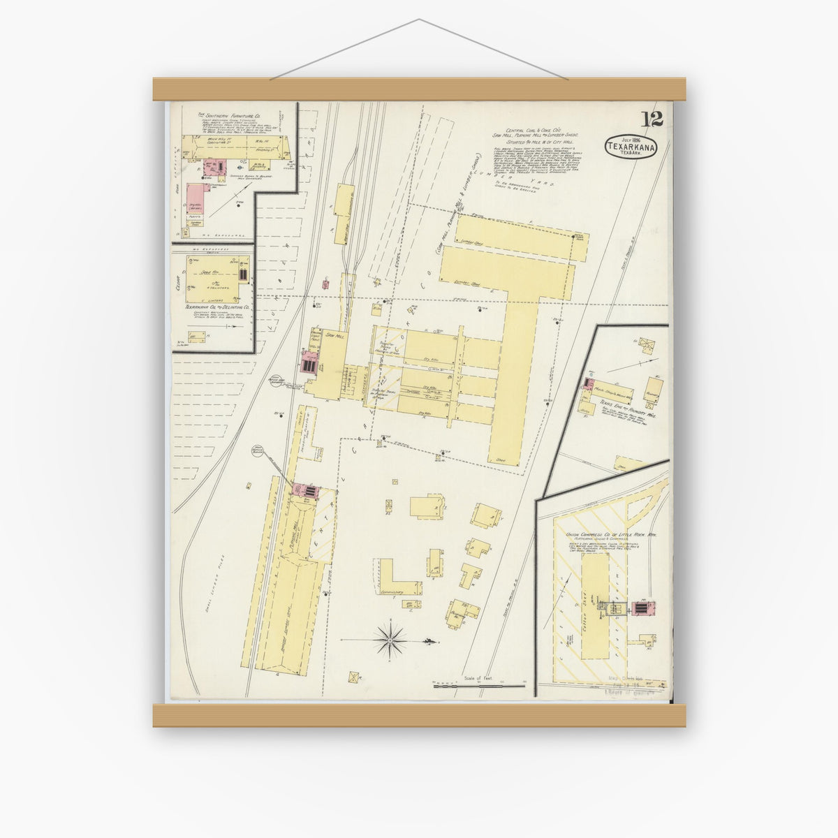 Old map wall art mockup — magnetic wood frame on white wall — Sanborn Fire Insurance Map from Texarkana, Bowie County, Texas (1896), Sheet #0012