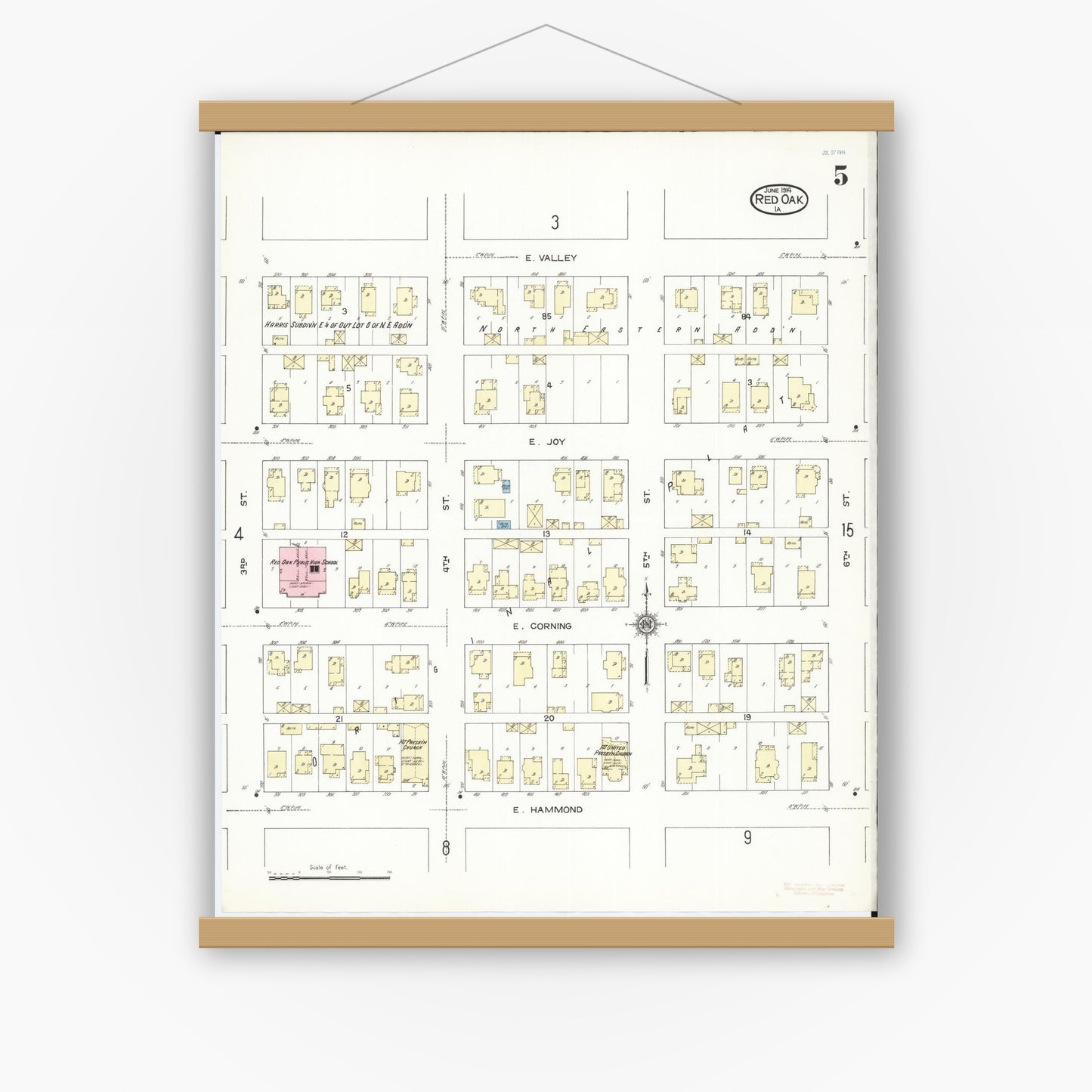 Old map wall art mockup — magnetic wood frame on white wall — Sanborn Fire Insurance Map from Red Oak, Montgomery County, Iowa (1914), Sheet #0005