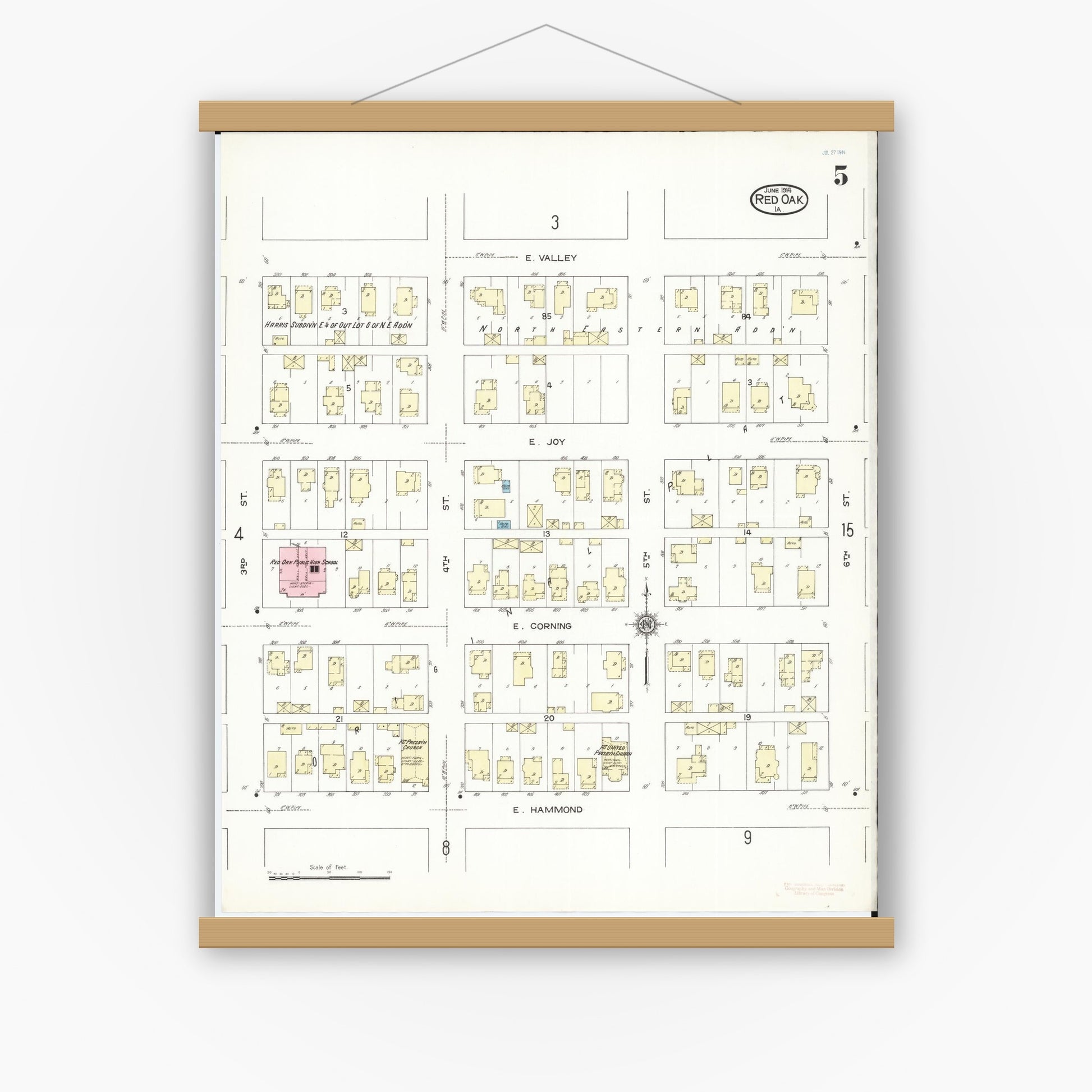 Old map wall art mockup — magnetic wood frame on white wall — Sanborn Fire Insurance Map from Red Oak, Montgomery County, Iowa (1914), Sheet #0005