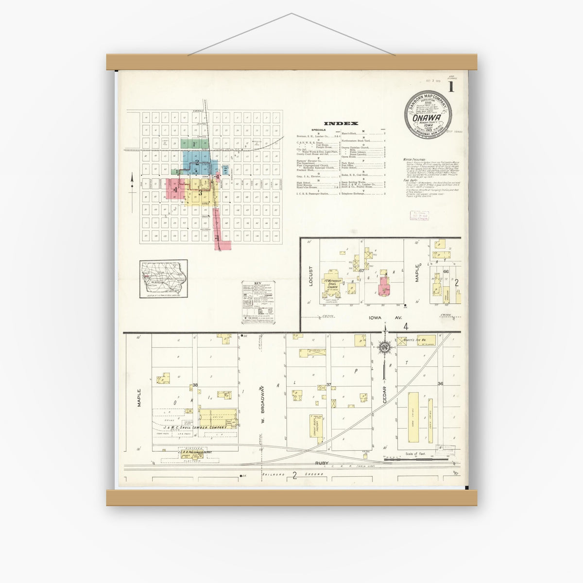 Old map wall art mockup — magnetic wood frame on white wall — Sanborn Fire Insurance Map from Onawa, Monona County, Iowa (1913) â€” Complete Set
