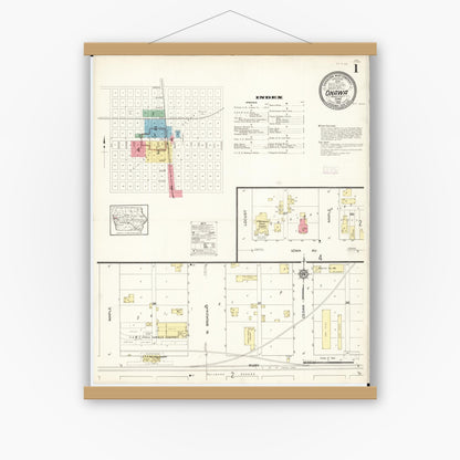 Old map wall art mockup — magnetic wood frame on white wall — Sanborn Fire Insurance Map from Onawa, Monona County, Iowa (1913) â€” Complete Set