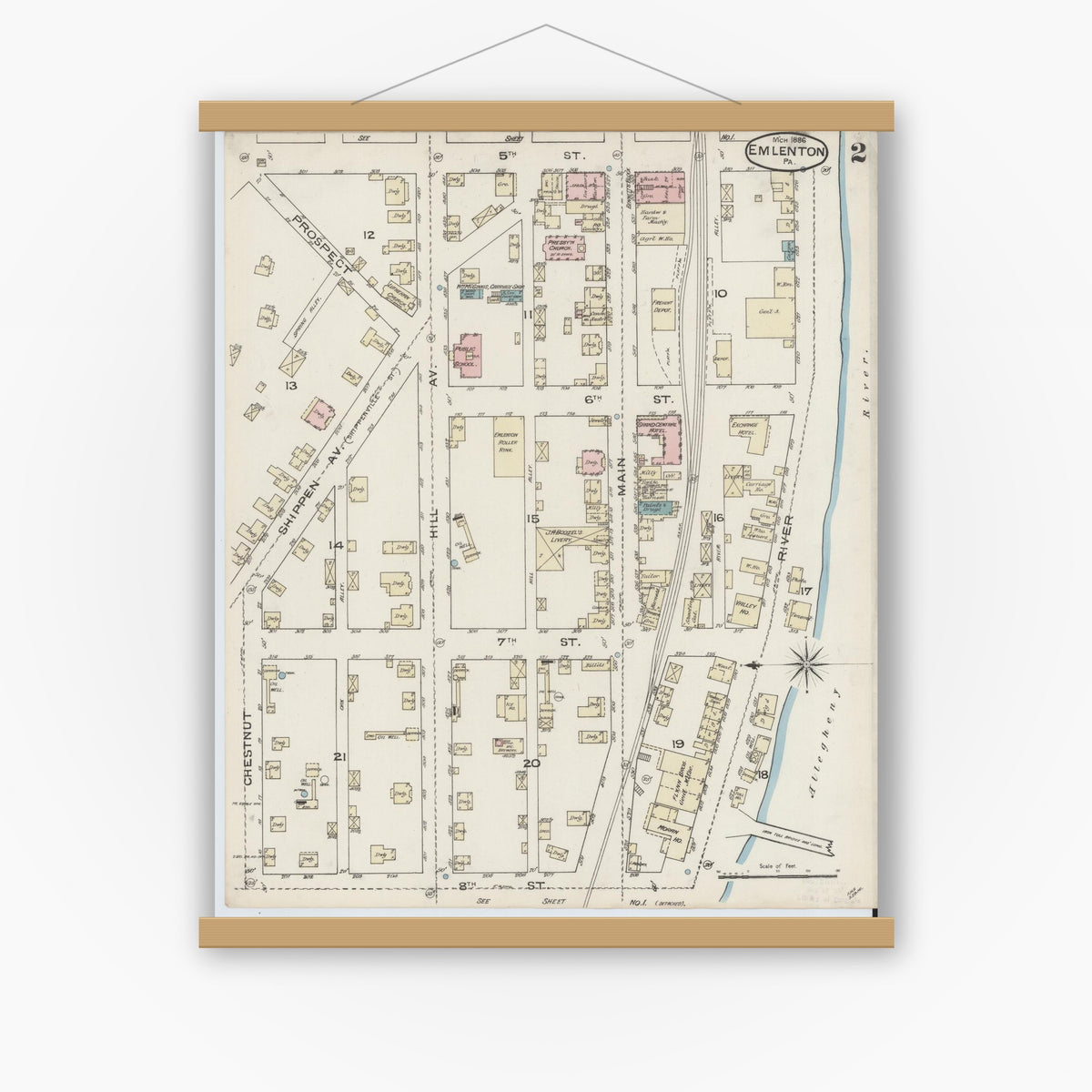 Old map wall art mockup — magnetic wood frame on white wall — Sanborn Fire Insurance Map from Emlenton, Venango County, Pennsylvania (1886), Sheet #0002