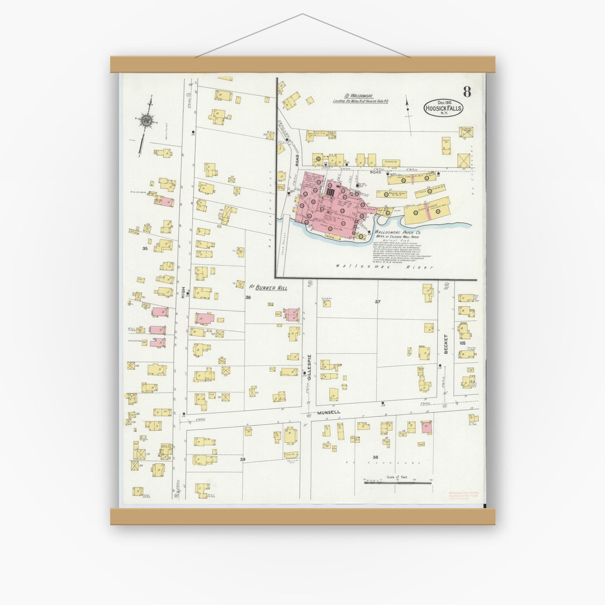 Old map wall art mockup — magnetic wood frame on white wall — Sanborn Fire Insurance Map from Hoosick Falls, Rensselaer County, New York (1910), Sheet #0008