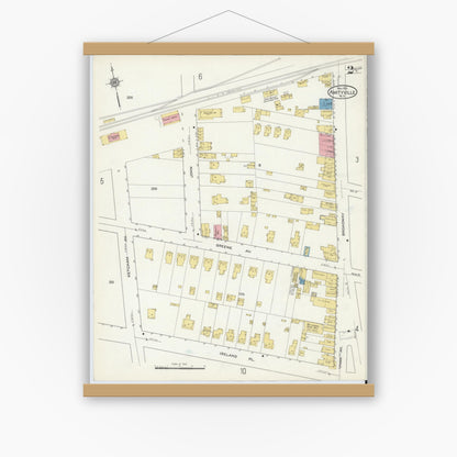 Old map wall art mockup — magnetic wood frame on white wall — Sanborn Fire Insurance Map from Amityville, Suffolk County, New York (1915), Sheet #0002