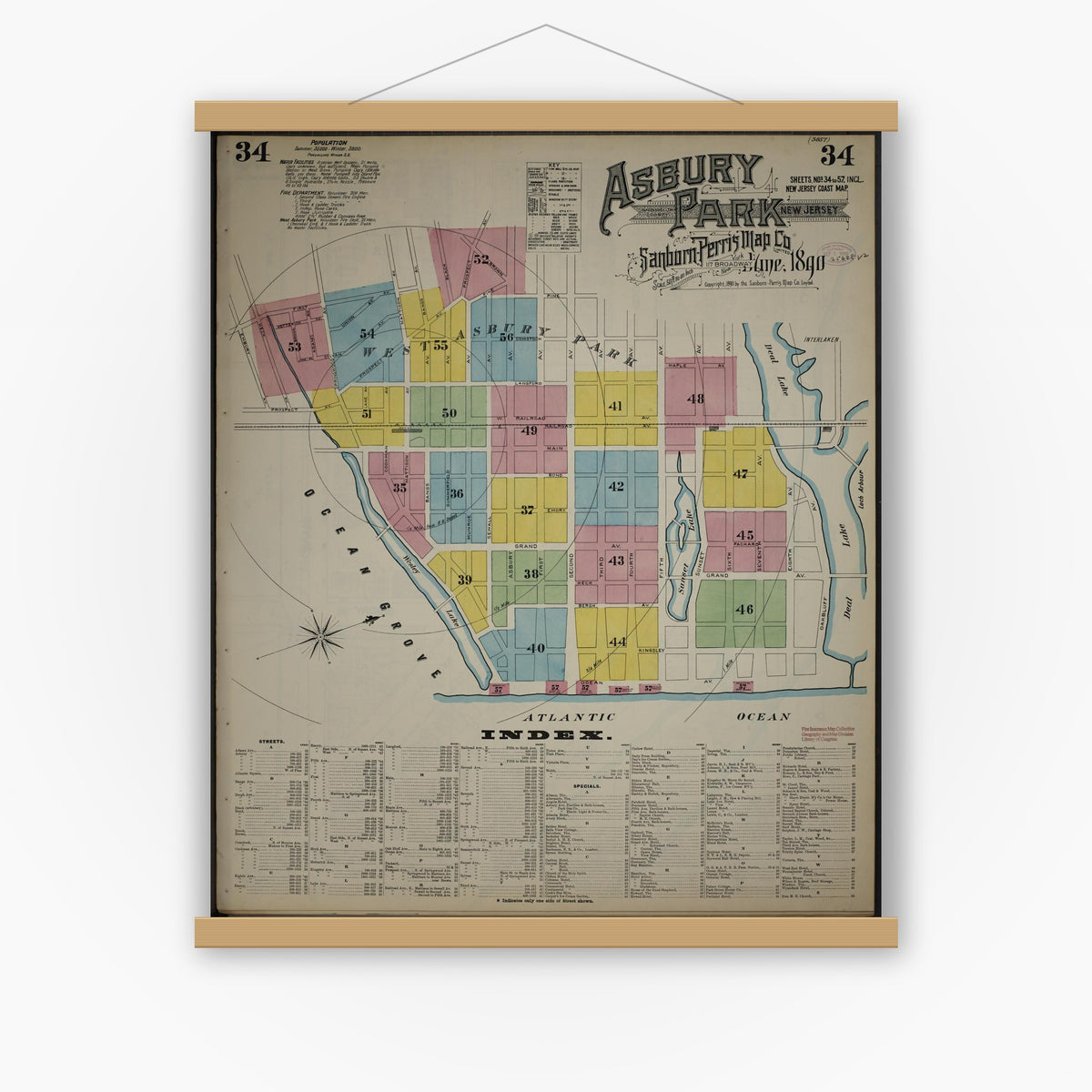 Old map wall art mockup — magnetic wood frame on white wall — Sanborn Fire Insurance Map from New Jersey Coast, New Jersey Coast, New Jersey (1890), Sheet #0034