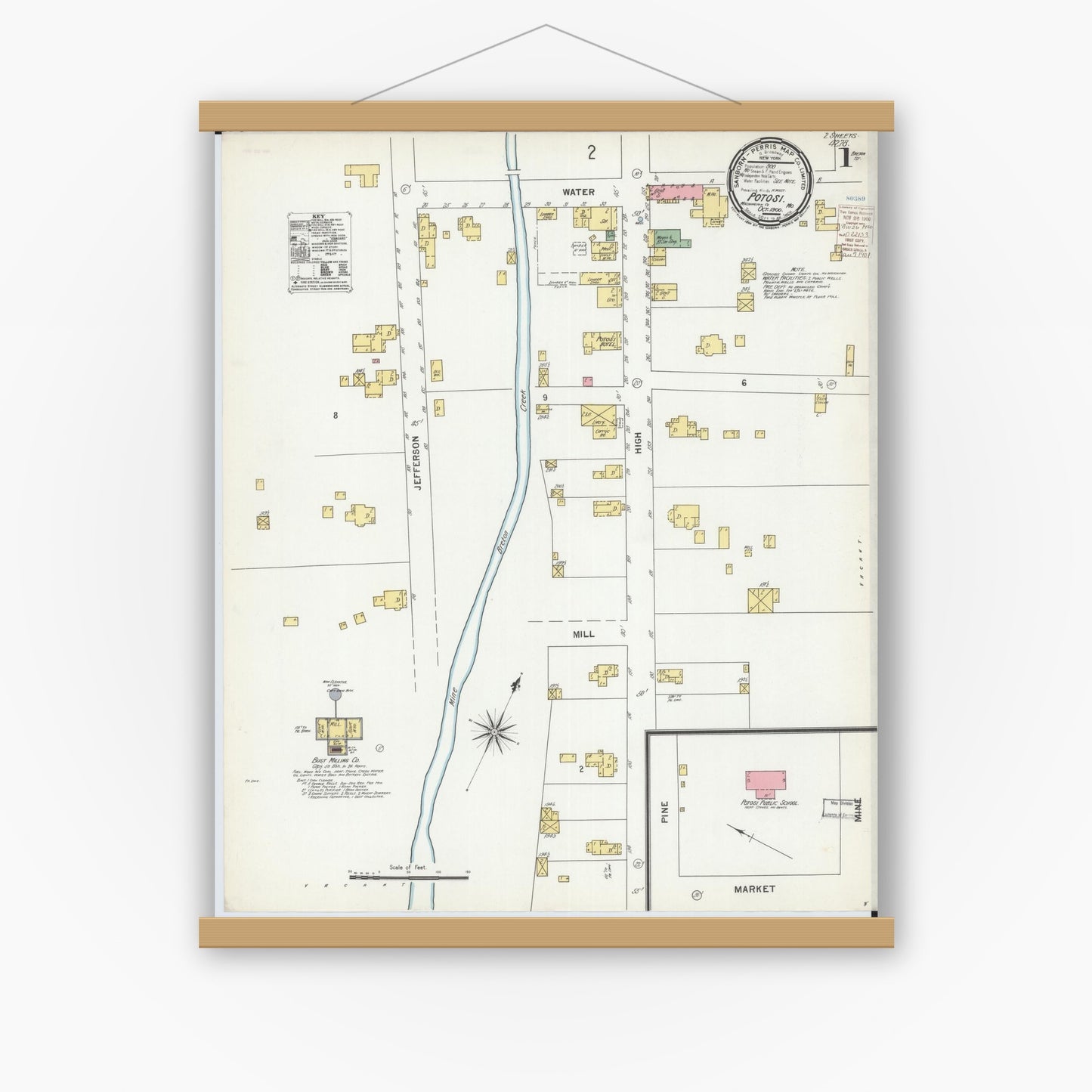 Old map wall art mockup — magnetic wood frame on white wall — Sanborn Fire Insurance Map from Potosi, Washington County, Missouri (1900) - Complete Map Set