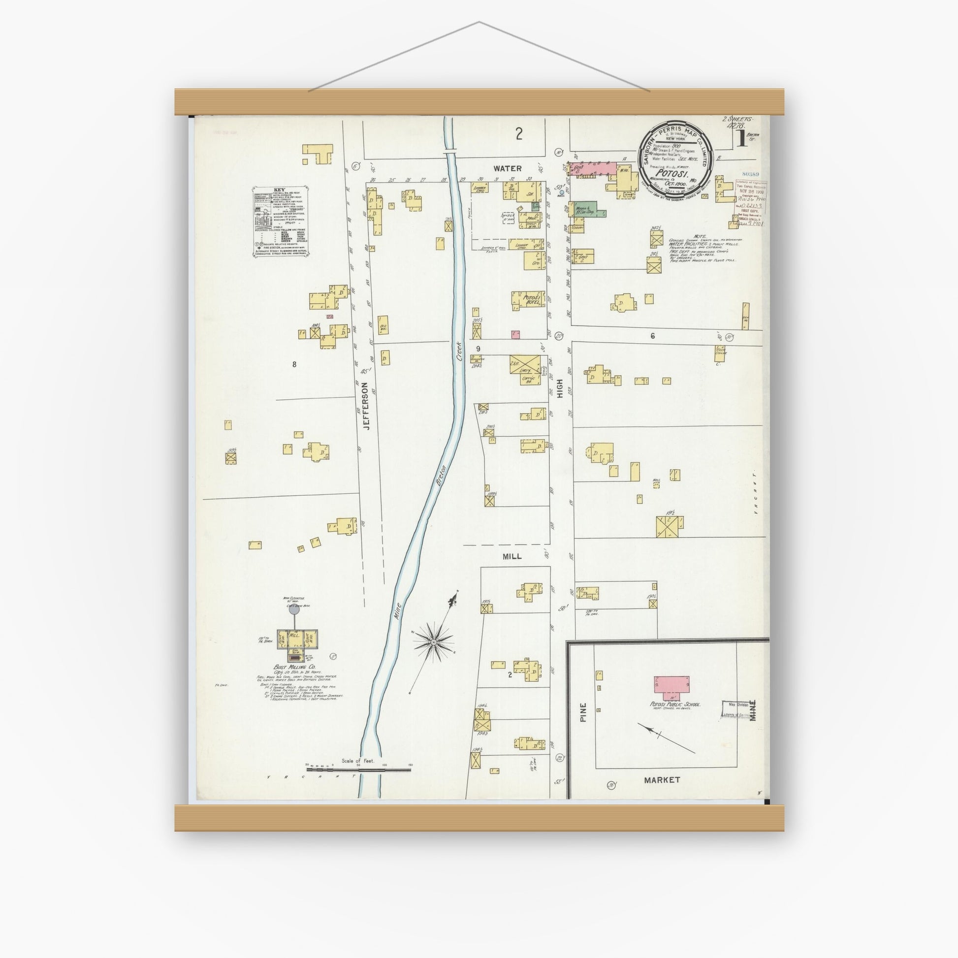 Old map wall art mockup — magnetic wood frame on white wall — Sanborn Fire Insurance Map from Potosi, Washington County, Missouri (1900) - Complete Map Set