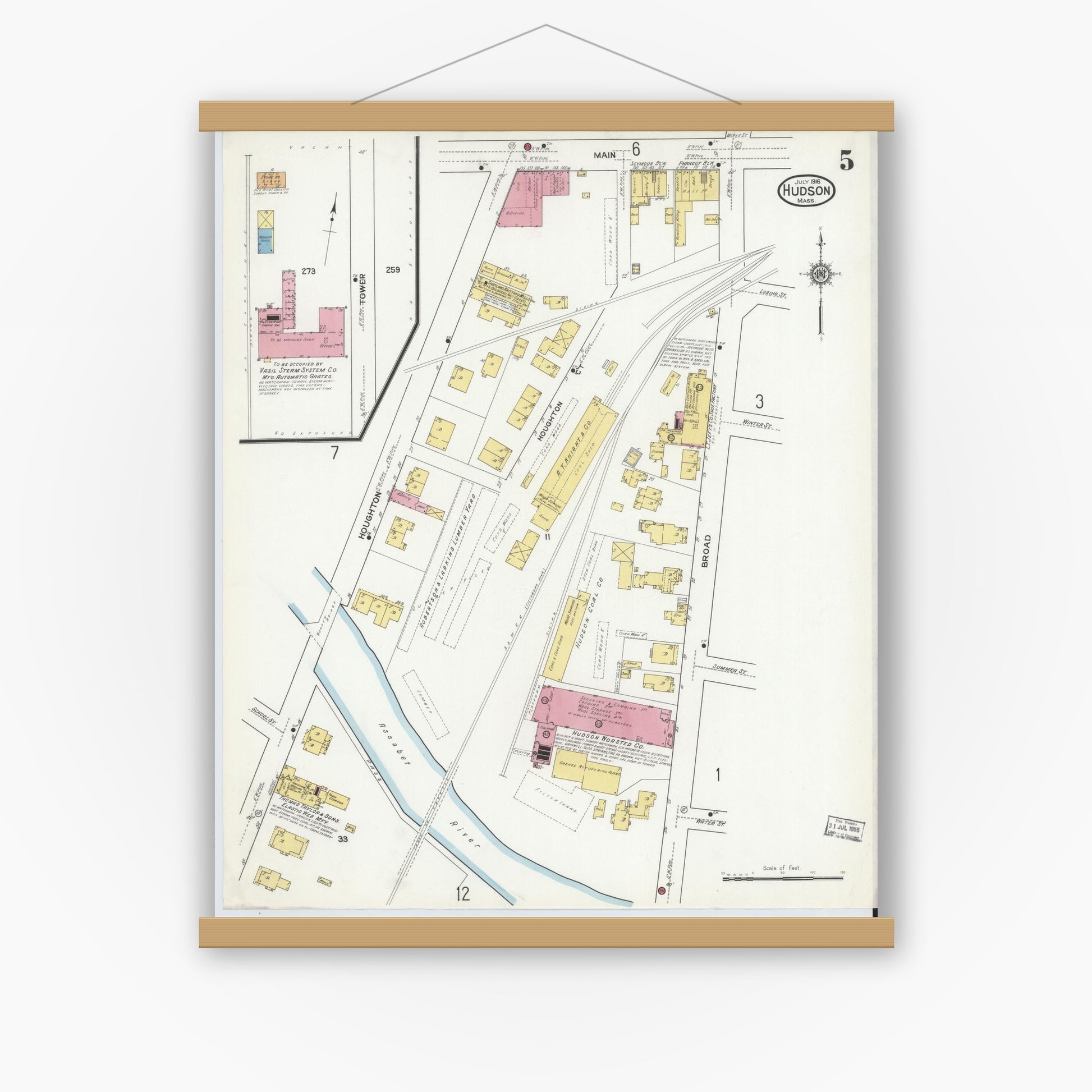 Old map wall art mockup — magnetic wood frame on white wall — Sanborn Fire Insurance Map from Hudson, Middlesex County, Massachusetts (1916), Sheet #0005