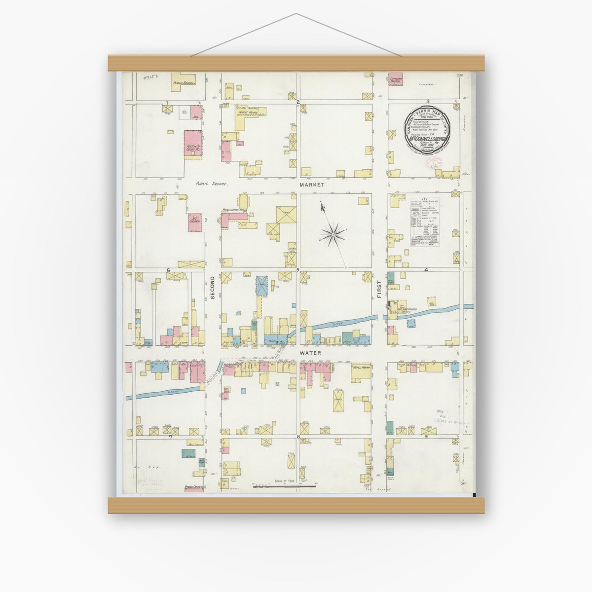 Old map wall art mockup — magnetic wood frame on white wall — Sanborn Fire Insurance Map from McConnellsburgh, Fulton County, Pennsylvania (1894), Sheet #0001