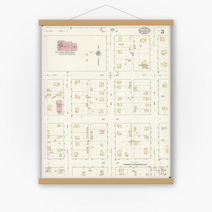 Old map wall art mockup — magnetic wood frame on white wall — Sanborn Fire Insurance Map from Madison, Lac Qui Parle County, Minnesota (1913), Sheet #0003