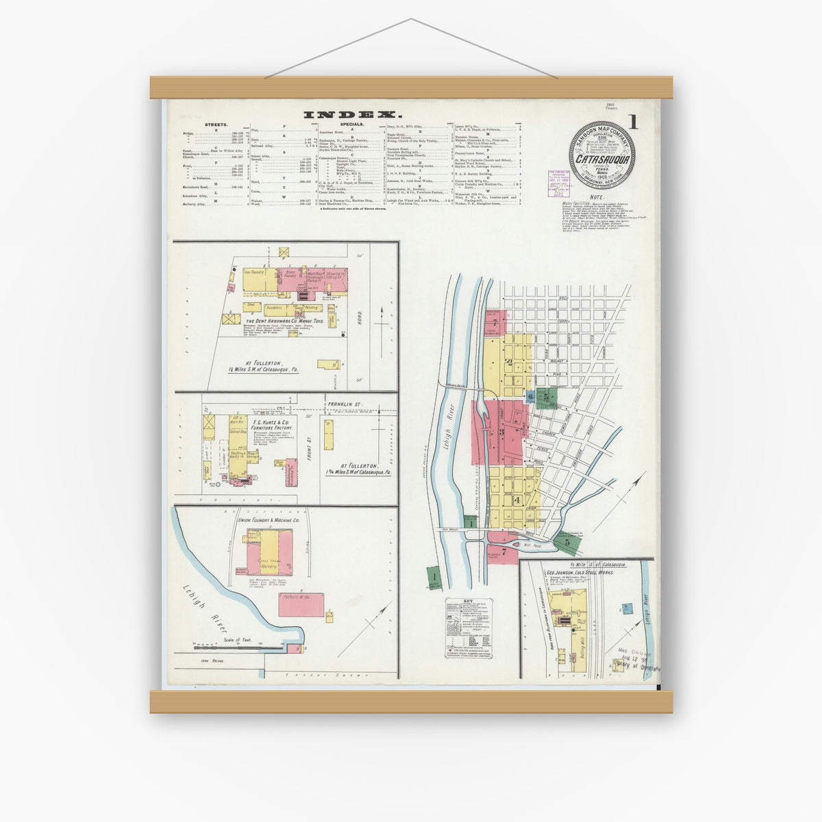 Old map wall art mockup — magnetic wood frame on white wall — Sanborn Fire Insurance Map from Catasauqua, Lehigh County, Pennsylvania (1902) - Complete Map Set