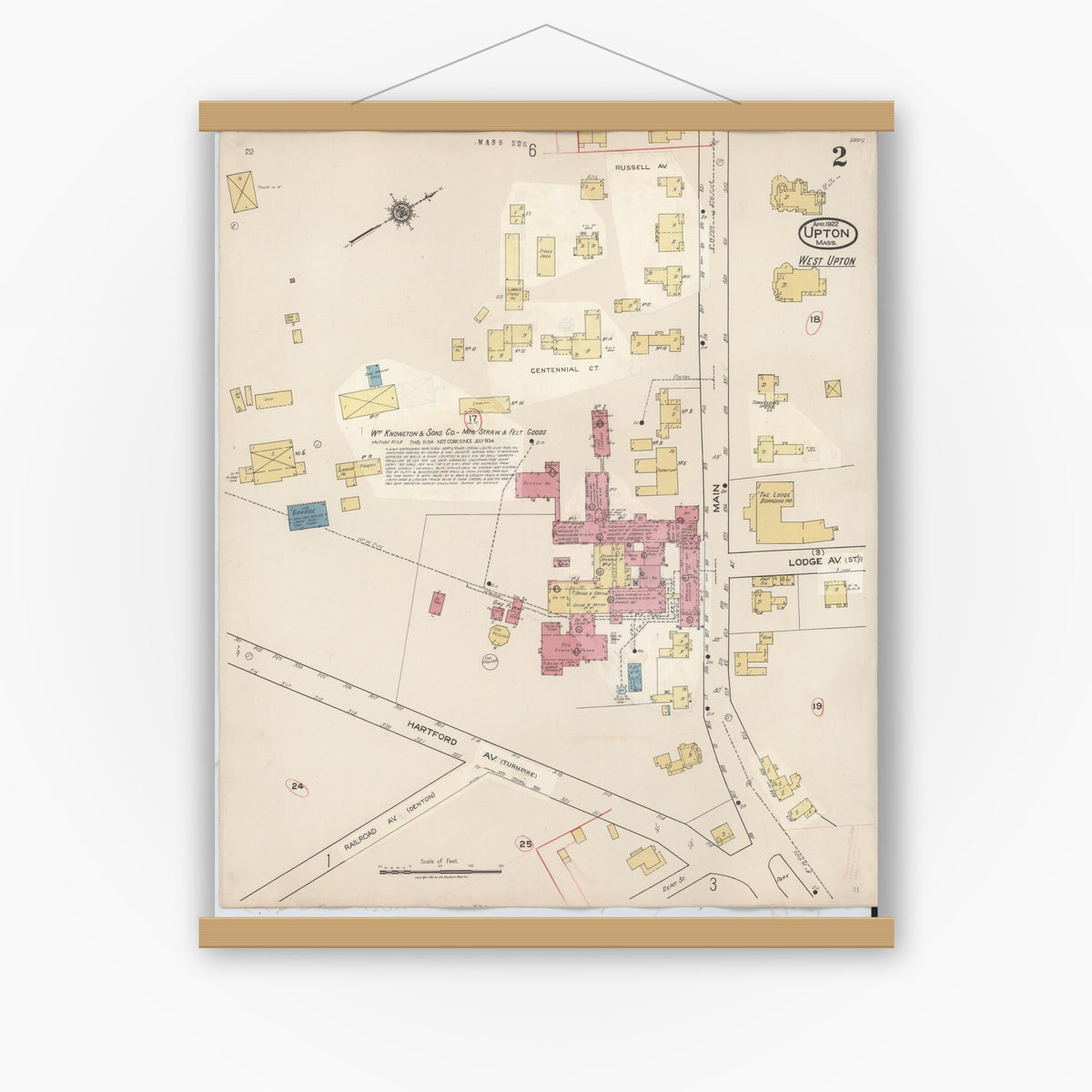 Old map wall art mockup — magnetic wood frame on white wall — Sanborn Fire Insurance Map from Upton, Worcester County, Massachusetts (1945), Sheet #0002